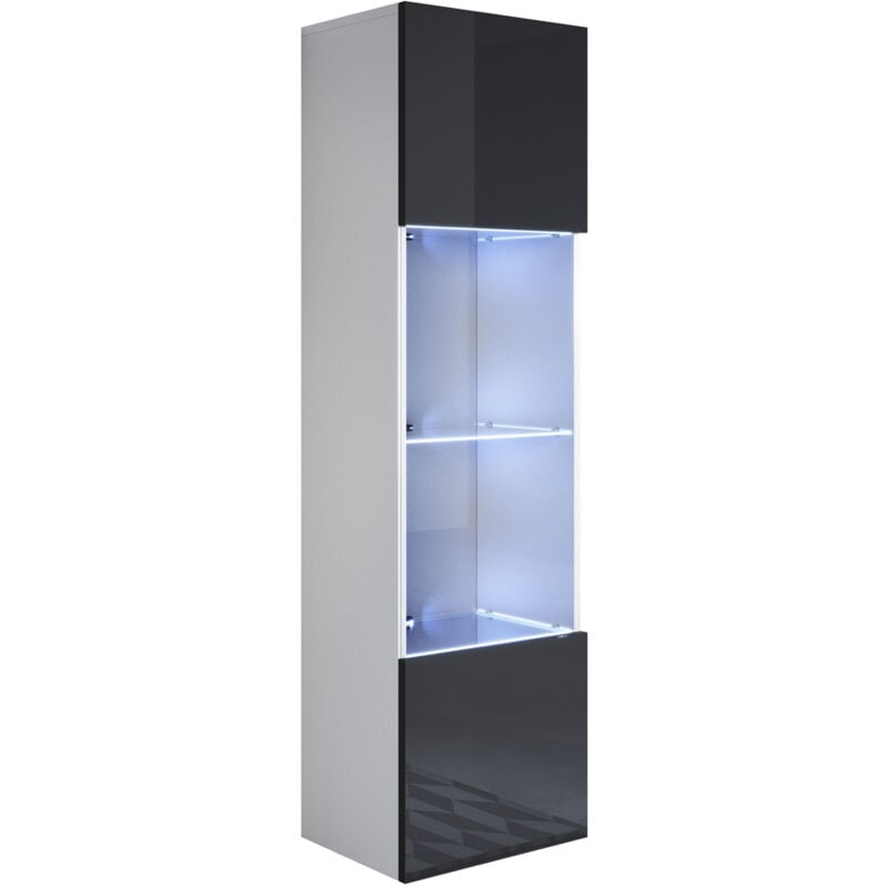 Muebles Bonitos - Vitrine murale 1 porte avec led Meuble de Rangement suspendu 40x165x29cm 4 compartiments Modèle Luke V6 Blanc et Noir Finition