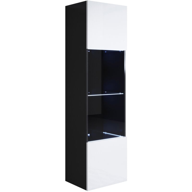 Muebles Bonitos - Vitrine murale 1 porte avec led Meuble de Rangement suspendu 40x165x29cm 4 compartiments Modèle Luke V6 Noir et Blanc Finition