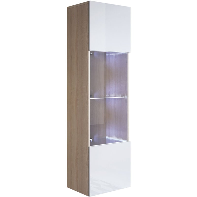 Vitrine murale 1 porte avec led Meuble de Rangement suspendu 40x165x29cm 4 compartiments Modèle Luke V6 Sonoma mat et Blanc Finition brillante