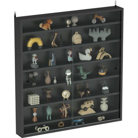 Vitrine murale avec 6 étagères réglables, présentoir pour collections, en verre et carton compressé, 80 x 9,5 x 83 cm, noir