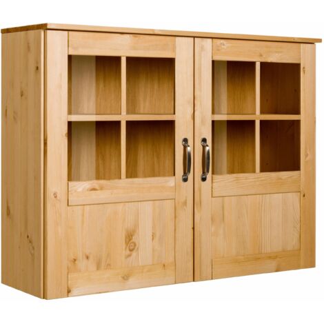 Vitrine murale en bois FSC® – Style campagnard – 2 portes avec éléments en verre – Rangement pour verrerie – Dimensions optimisées
