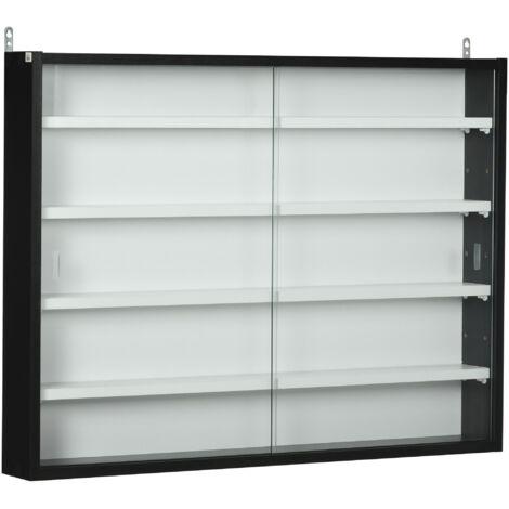 Vitrine murale étagères réglables 2 portes coulissantes verre collections figurines déco parfums, 80x9,5x60 cm, blanc/noir