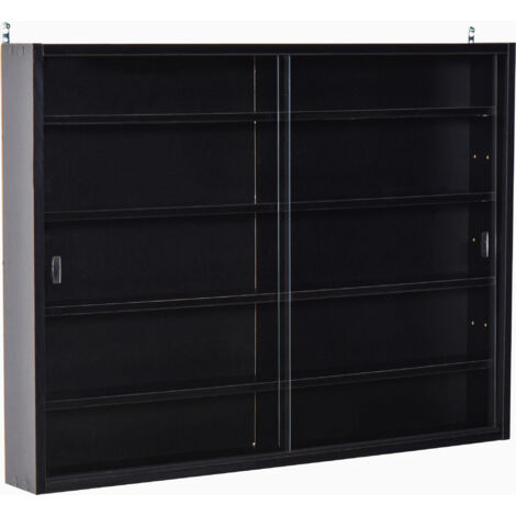 Vitrine murale noire 80L x 9,5l x 60H cm – 5 niveaux avec 4 étagères réglables – Verre 3 mm – Protection contre la poussière – MH