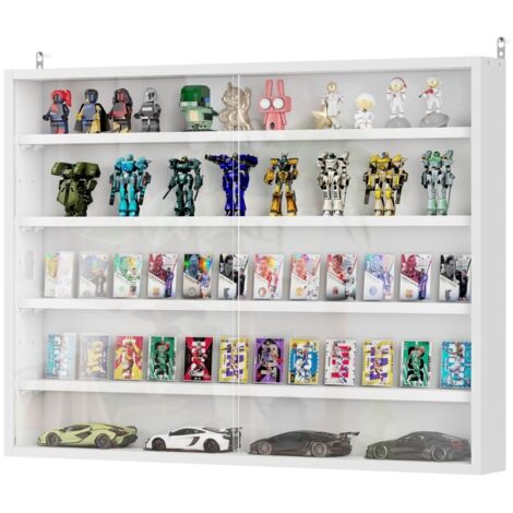 Vitrine murale pour objets de collection à 5 étagères réglables et 2 portes coulissantes 80 x 9,5 x 60 cm blanc