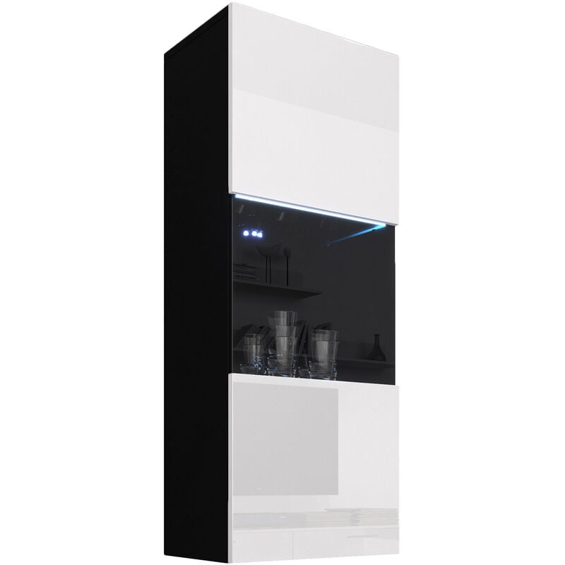 Lettiemobili - Vitrine Murale Verticale avec led Meuble de Rangement 40x126x29cm 3 compartiments 1 porte 1 vitrine Modèle Nora V3 Noir et Blanc