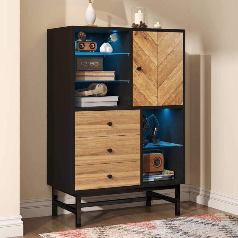 Vitrine noir avec bande lumineuse LED 12 couleurs, 3 tiroirs et étagères en verre, grain de bois triangulaire