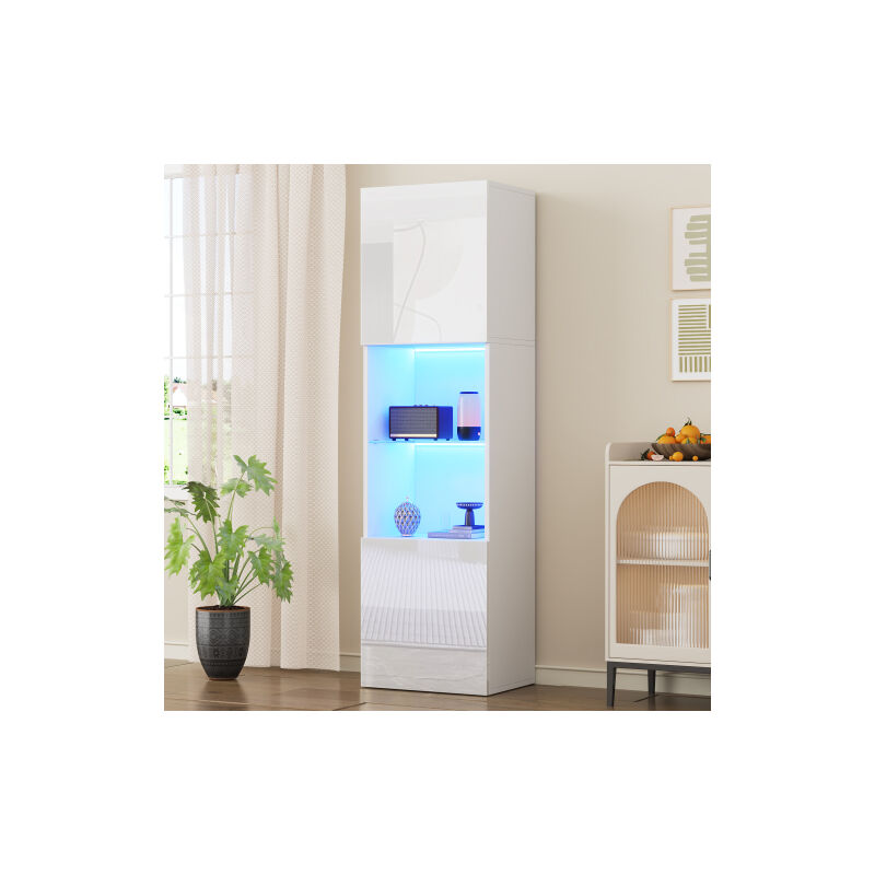 Wishdor - Vitrine blanche brillante avec éclairage led, 1 étagère en verre, 2 portes, 2 niveaux de rangement ouverts, panneaux de particules,