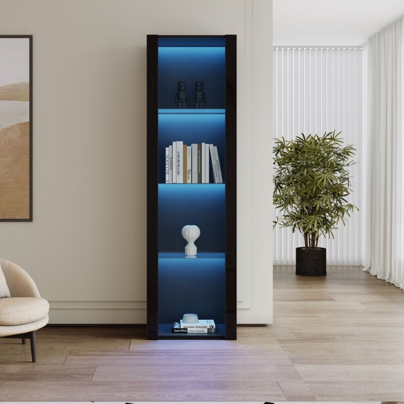 Redom - Vitrine noire brillante avec éclairage led, 3 compartiments en verre, 5538166cm, vitrine, armoire sur pied, armoire haute, armoire de