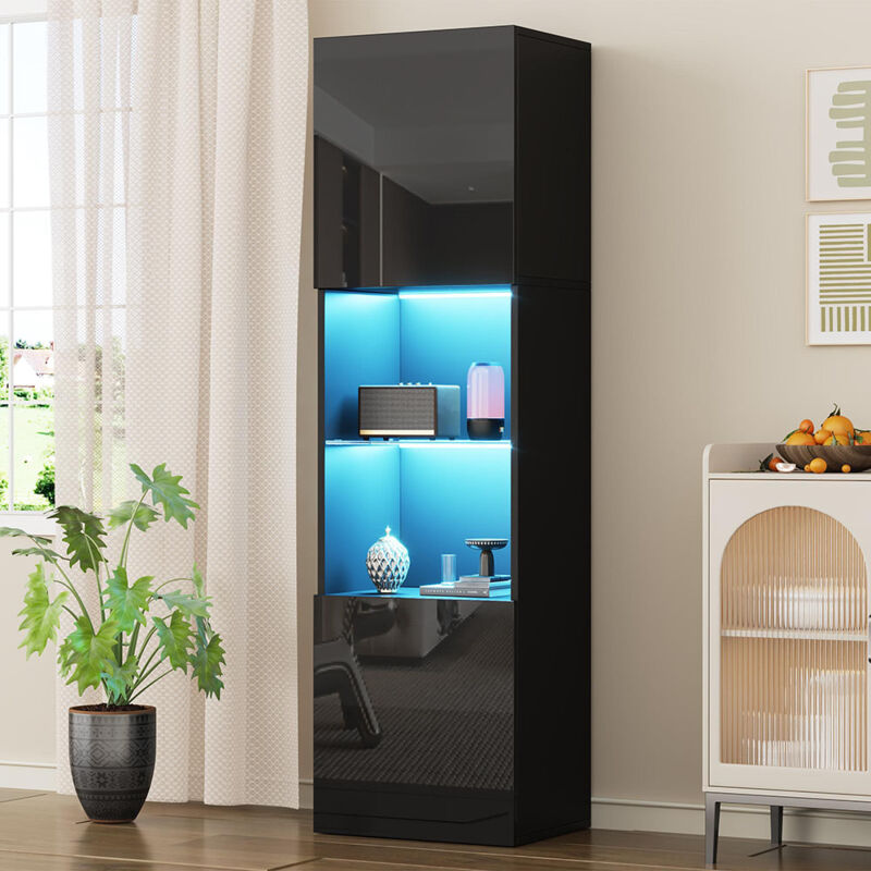 Gutent - Vitrine Noire Brillante avec led – 1 Étagère en Verre – 45 x 35 x 160 cm – Libre ou Murale
