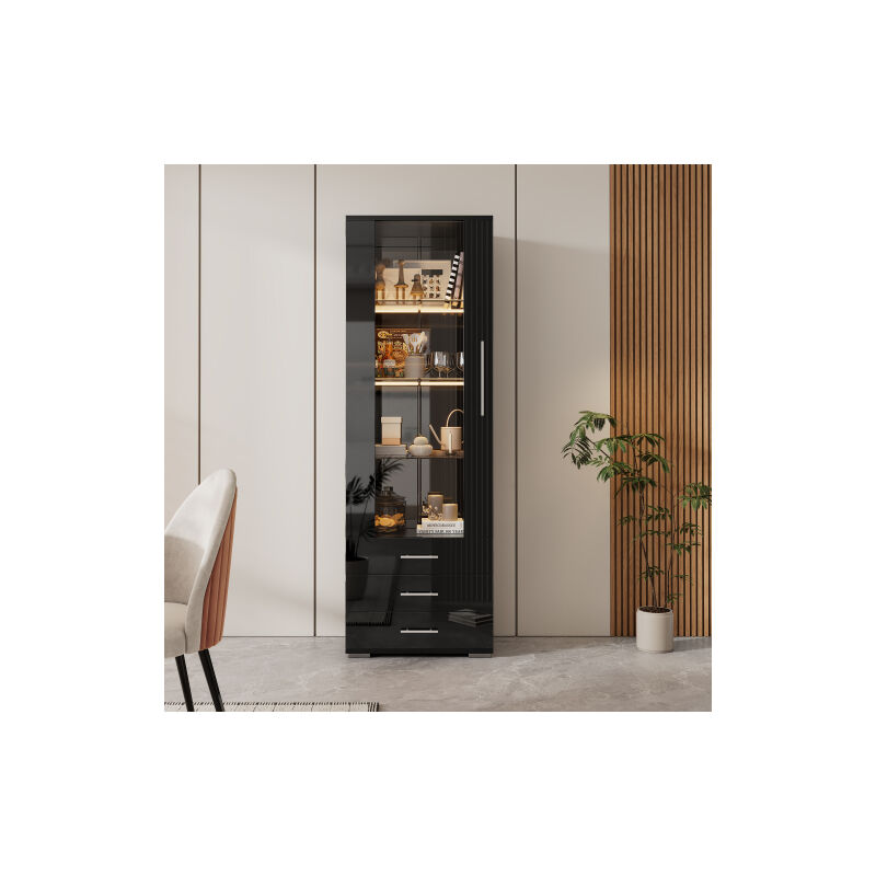Okwish - Vitrine noire brillante en verre, meuble de rangement avec /clairage led et 3 tiroirs, 60x35x180 cm Okwish - Vitrine noire brillante en verre, meuble de rangement avec /clairage led et 3 tiroirs, 60x35x180 cm