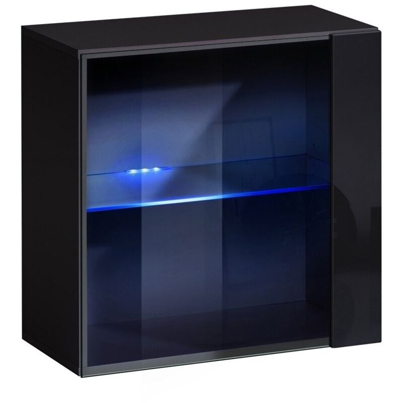 Meublorama - Vitrine noire carrée suspendue avec 1 porte vitrée et éclairage led inclus. Collection switch.