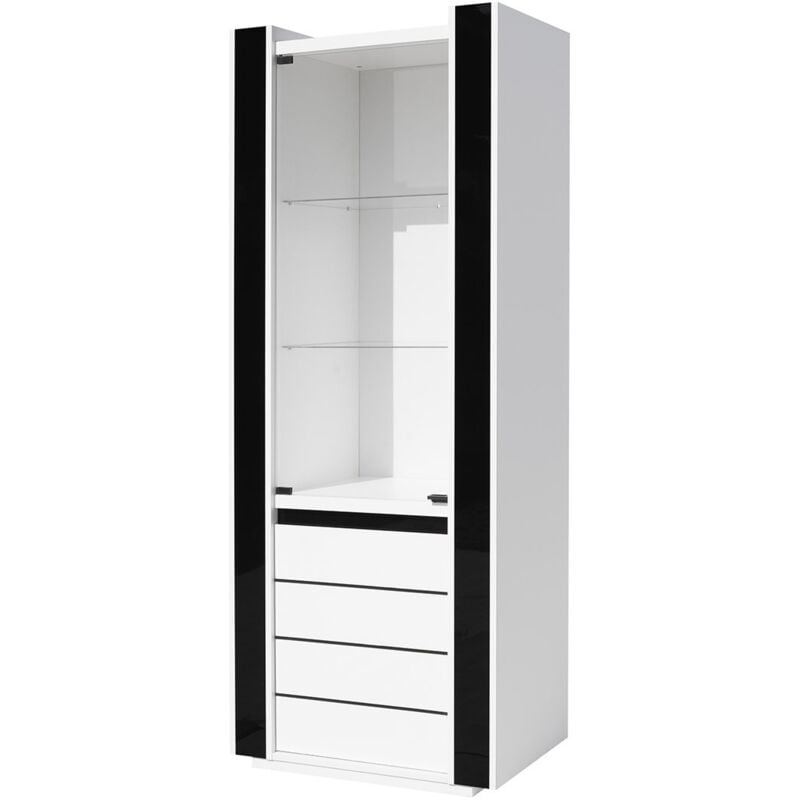 Meublorama - Vitrine petit modèle lina blanche et noire avec led – 72 x 185 x 45 cm