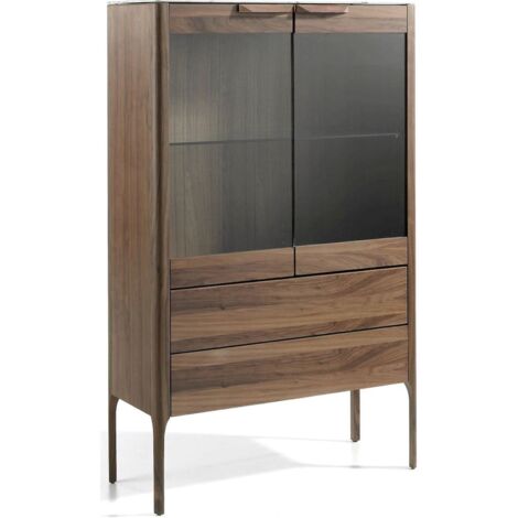Vitrine plateau marbre porcelaine éclairage intérieur 1 étagère verre 2 tiroirs système push+soft - Noyer, gris fumé, transparent, blanc, gris