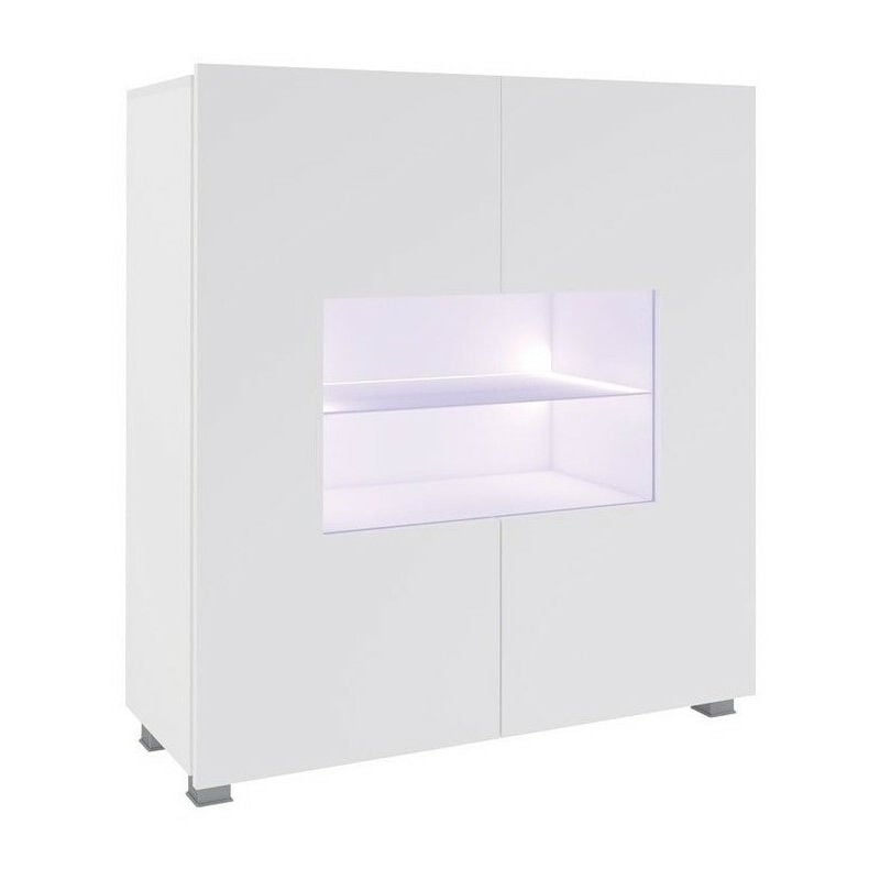 Mobilier1 - Buffet Tivdalu 100, Blanc + Blanc brillant, 107x100cm, Le nombre de portes: 035cm, Stratifié, Verre trempé