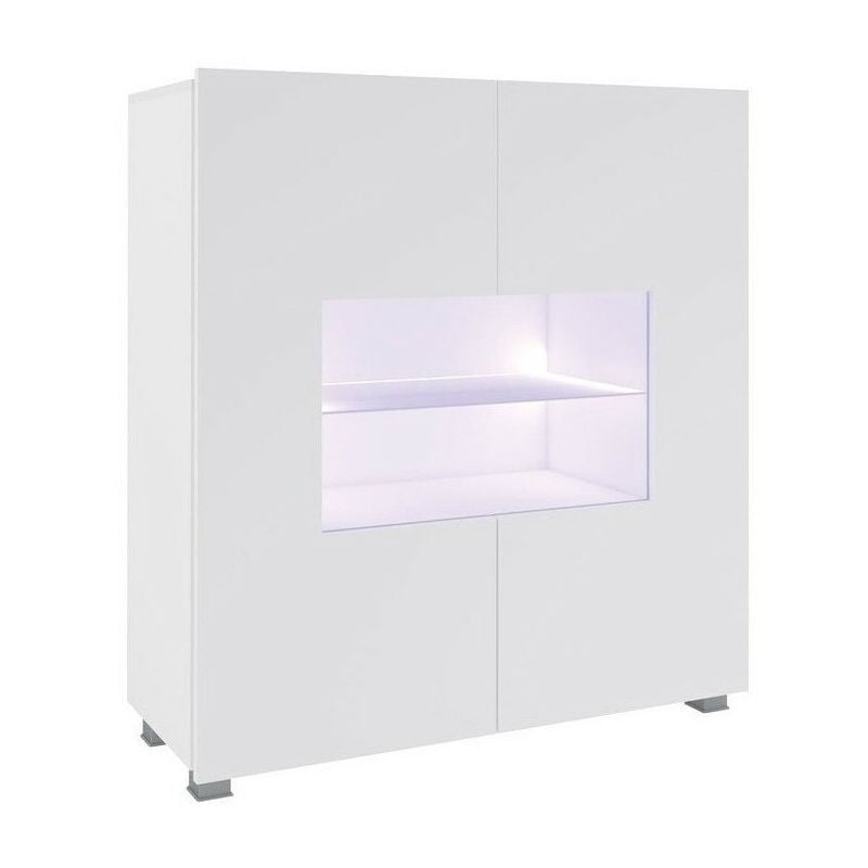 Mobilier1 - Buffet Tivdalu 100, Blanc + Blanc brillant, 107x100cm, Le nombre de portes: 035cm, Stratifié, Verre trempé, led
