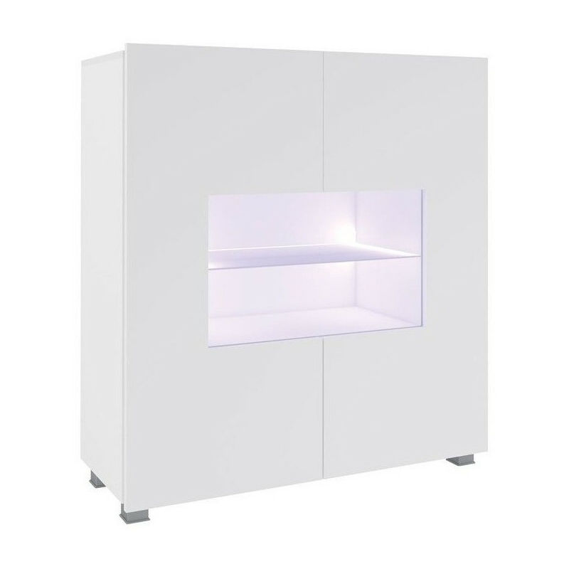 Mobilier1 - Buffet Tivdalu 100, Blanc + Blanc brillant, 107x100cm, Le nombre de portes: 035cm, Stratifié, Verre trempé, led