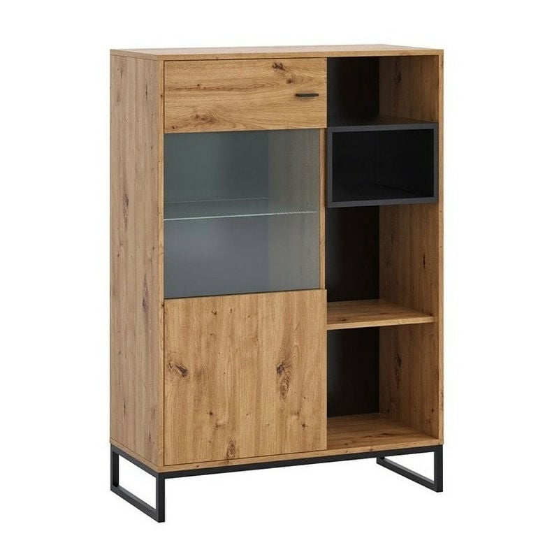 Mobilier1 - Buffet Baltesi 107, Chêne Artisan + Noir, 130x90cm, Le nombre de portes: 040cm, Stratifié, Verre trempé