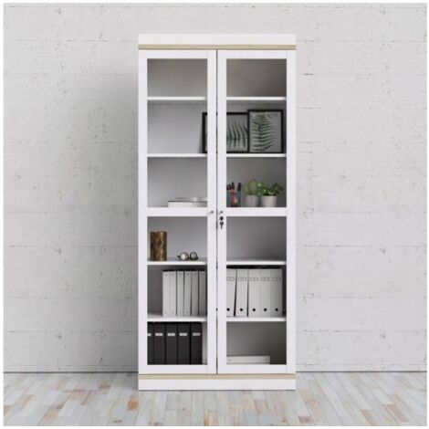 Vitrine salon 200 cm blanc mat et chêne avec deux portes et cinq étagères chêne et blanc