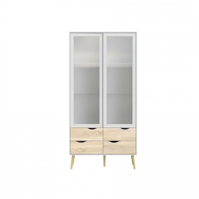 Abitare - Vitrine pour salon blanc mat et chêne avec deux portes et quatre tiroirs 200 cm - Gladiolo