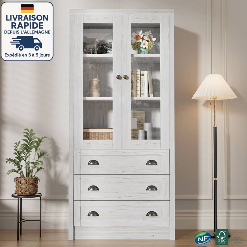 Modfu - Vitrine salon 80x34x171 cm blanc+Gris clair mat avec deux portes et trois tiroirs - Avec porte vitrée - Manche en cuivre - scandinave