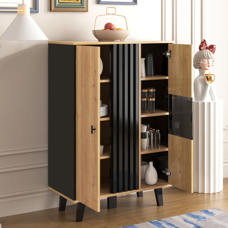 Stilvora Beige Vitrine, Sideboard Mit 2 Türen Und 3 Einlegeböden, Led Und Glas, Moderner Stil, Aus Spanplatte, Holzoptik/Schwarz, 80×40×120 Cm