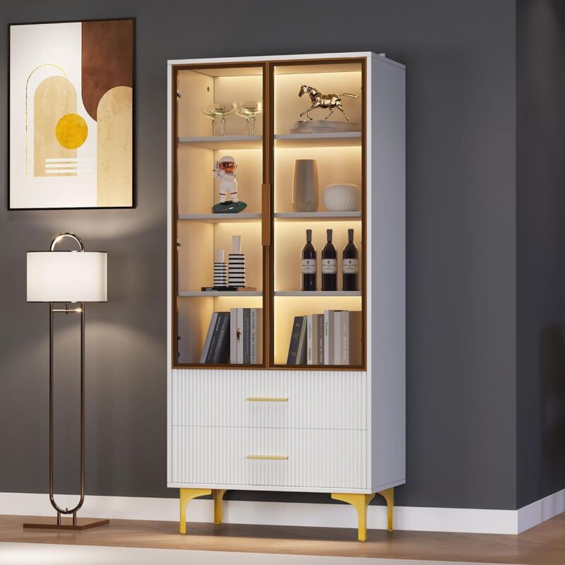Vitrine sur pied en verre avec lumière LED, 70 x 35 x 150 cm, portes en verre de couleur sarcelle, pieds dorés, étagères et tiroirs réglables,