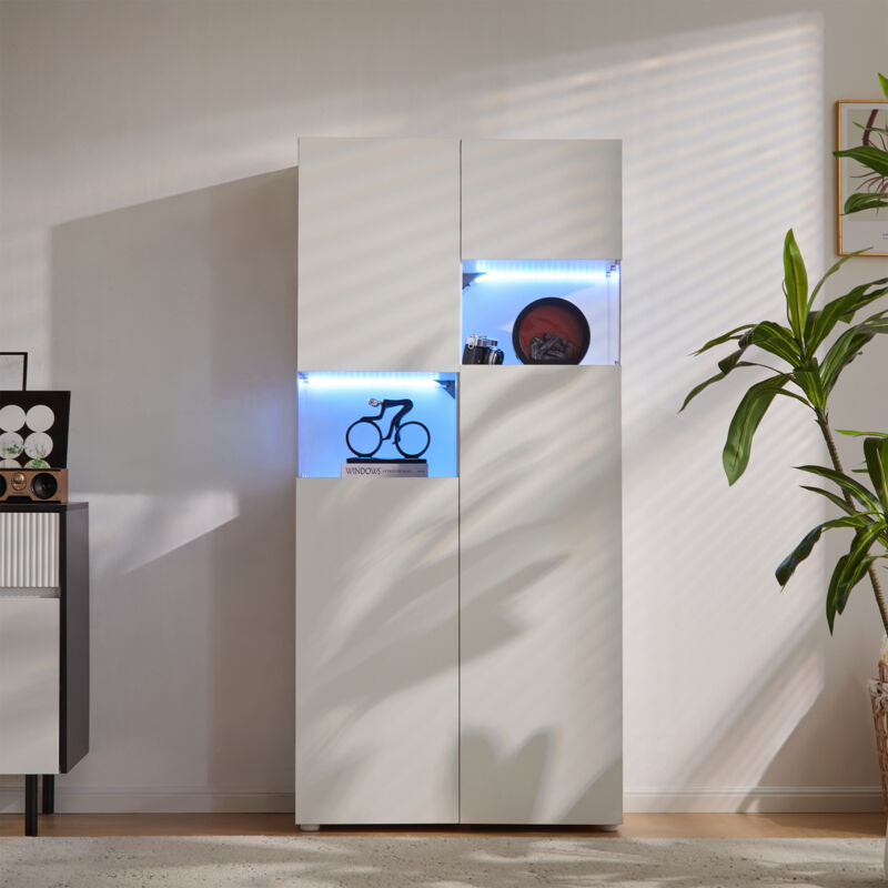 Fortuna Lai - Vitrine sur pied led 80x38x170cm - armoire haute avec acrylique transparent et espace de rangement - Blanc