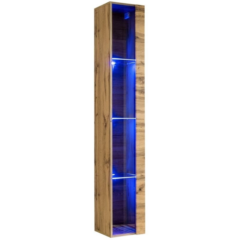 Vitrine suspendue coloris chêne Wotan avec 1 porte vitrée et éclairage LED inclus. Collection SWITCH.