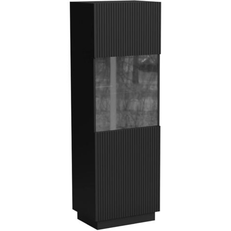 Vitrine Vado, vitrine de salon avec porte vitrée et détails, finition cannelée, 60 x 40 h 178 cm, noire