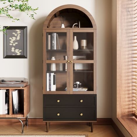 TANANT Vitrine verre 168 cm, vitrine de collection, meuble de rangement avec étagères réglables et 2 tiroirs, pieds en bois, vitrine autoportante, Naturel