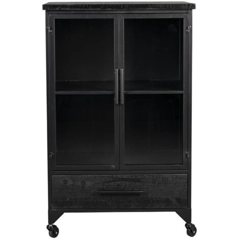 Vitrine vintage 2 portes 1 tiroir 65x35x105 cm en métal noir