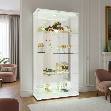 Vitrine vitrée à double porte avec éclairage LED, 4 niveaux avec portes, bibliothèque rare sur pied, idéale pour un salon, une chambre ou un bureau, blanche (164 x 81 x 37 cm)