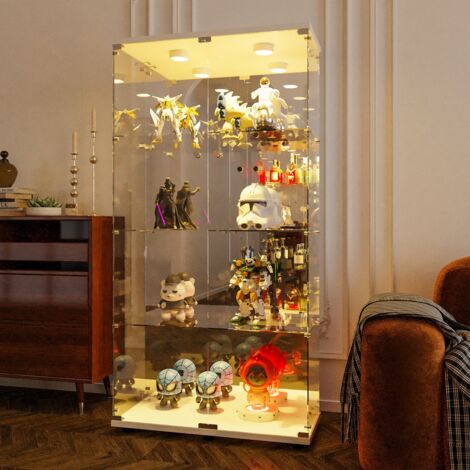 Vitrine vitrée, Vitrine Exposition avec serrure, Vitrine de Collection 2 porte, Armoire vitrée avec LED réglable et 3 étagères , Étagère de Présentation, Protection anti-basculement, Blanc