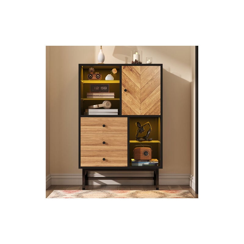 Vitrine, vitrine avec ruban lumineux LED 12 couleurs, armoire avec tiroirs et étagères en verre, grain de bois triangulaire,beige