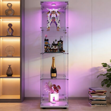 Vitrine, Vitrine en Verre miroir, Vitrine Armoire avec LED, 4 étagères et porte, serrure de sécurité, Verre Trempé, 164x42×36, Blanc