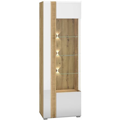 Vitrine Wohnzimmerschrank Eiche Castello Nb. mit Hochglanz weiß AKRON-131 MDF Front mit edler Fräsung, B/H/T: ca. 65/196/42 cm