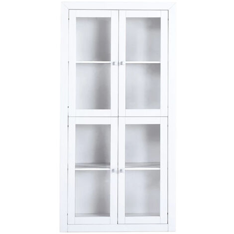 Vitrine meuble de rangement 4 portes en MDF et pin massif laqué blanc - Longueur 100 x Profondeur 37 x Hauteur 200 cm