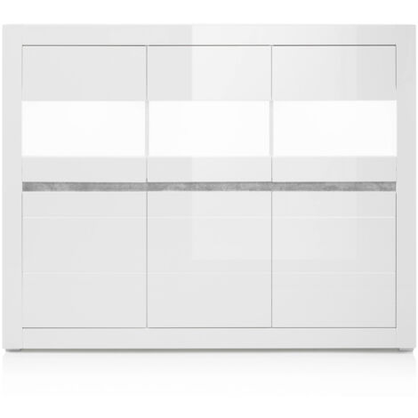 Vitrinen-Highboard in weiß Hochglanz inkl. LED und mit Griffmulden in Betonoptik COGO-61 BxHxT: 164x131x42cm
