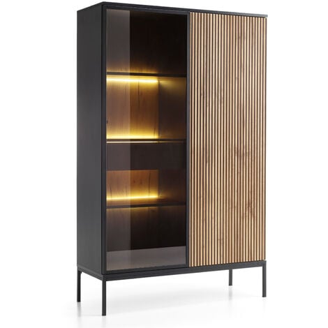 EMPORIUS Vitrinenschrank 104 cm Haller - Vitrine mit Glastür & Schublade - Lamellen, LED-Beleuchtung - Loft Stil (Wotan Eiche / Schwarz)