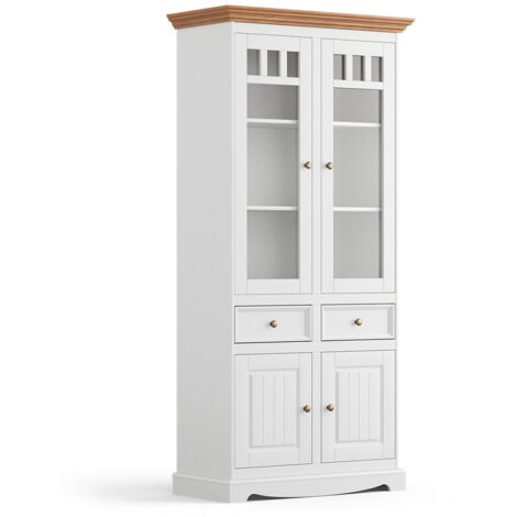 Vitrinenschrank 90cm, Massivholz in weiß mit Eiche Optik BORMIO-163