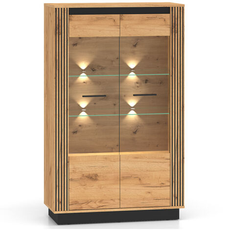 Vitrinenschrank 92 cm breit inkl. Beleuchtung modern in Eiche und schwarz URBANIA-131