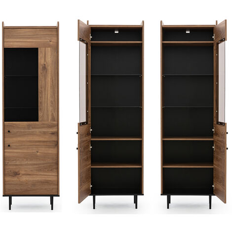 Vitrinenschrank Eiche Nb. VAREDO-132 Wohnzimmer Möbel im modernen Vintage Design, B/H/T ca. 60/200/40 cm