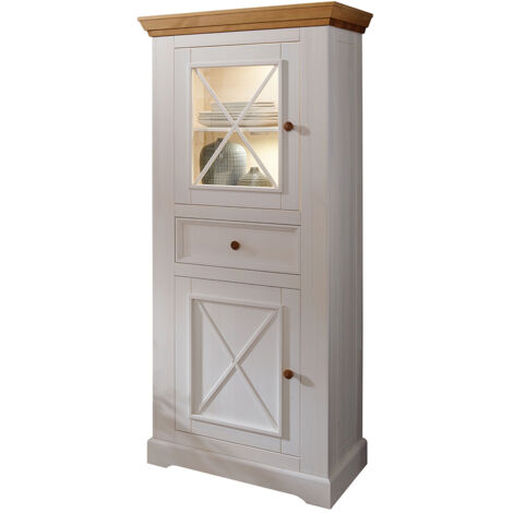 Vitrinenschrank Kiefer weiß mit Eiche, WARNA-69