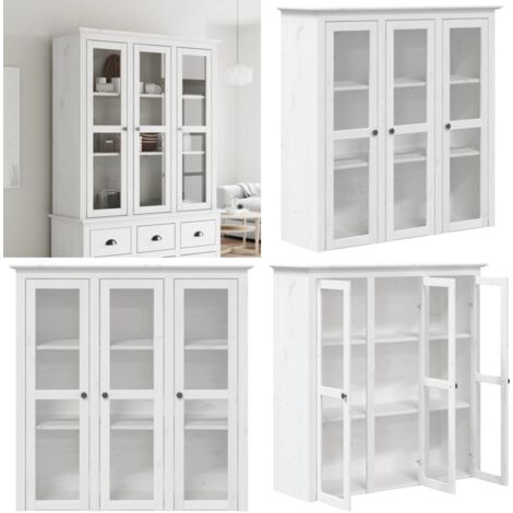 Vitrinenschrank mit Glastüren BODO Weiß Massivholz Kiefer - Schreibtisch - Wohnzimmer - Sideboard - Vitrine - Regal - Home & Living