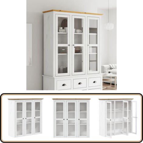 Vitrinenschrank mit Glastüren BODO Weiß und Braun Kiefernholz - Schreibtisch - Wohnzimmermöbel - Sideboard - Küchenschrank - Regal