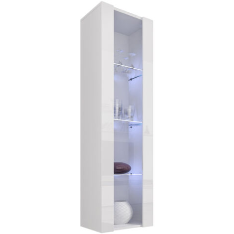 Vitrinenschrank mit LED  Hängeschrank  Vitrine  Wohnzimmer  1 Tür 4 Fächer  Weiß Matt  40x170x29cm  Modell Nora V5