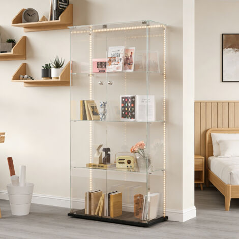 Vitrines en Verre avec lumières LED, armoires de Rangement pour collection, 2 Portes et 4 étages, Verre Trempé et Serrure, Noir
