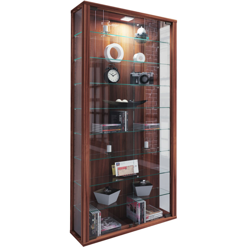 Vitrosa Maxi Vitrine murale avec 2 portes vitrées, 8 tablettes en verre, noyau de imitation noyeratif.