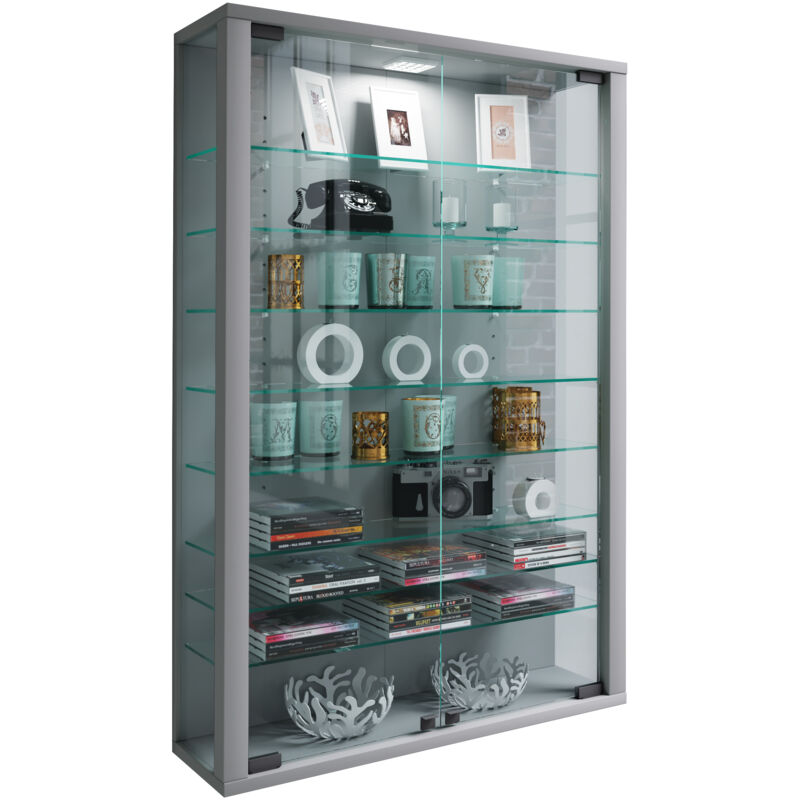 Ebuy24 - Vitrosa Mini Vitrine murale avec 2 portes vitrées, 8 tablettes en verre, argenté.