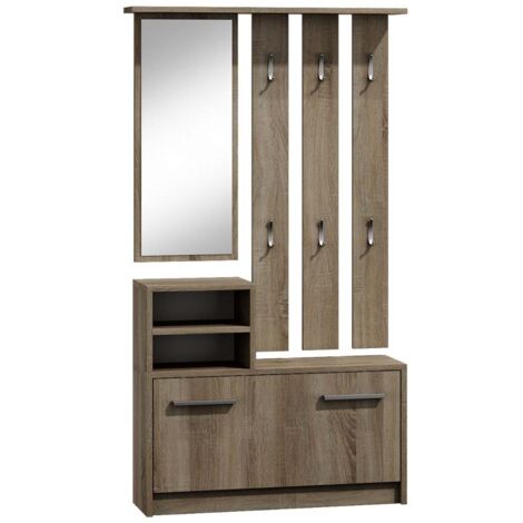 HUCOCO Contemporary hall furniture 6 hooks/mirror/2 niches/shoe storage 180x85x24 Cloakroom Coat rack